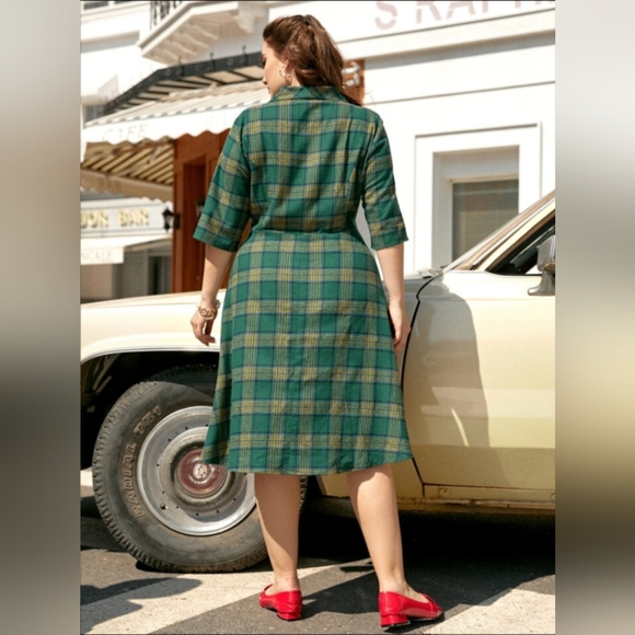 SHEIN Curve 3X Green/Yellow Tartan Plaid Collared Short Sleeve Midi A-Line Dress - Picture 2 of 4